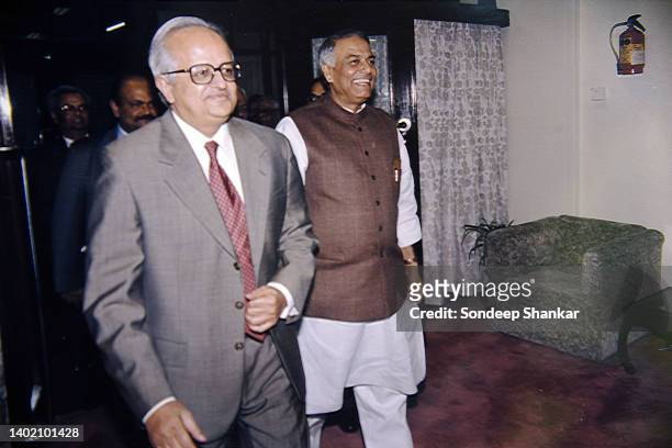 Union finance minister Yashwant Sinha and Bimal Jalan, Governor of the Reserve Bank of India , on way to RBI board meeting in New Delhi on March 11,...