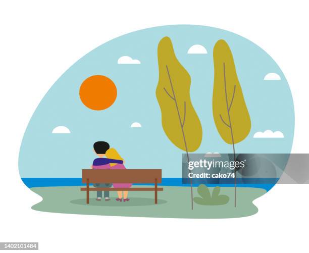 ilustraciones, imágenes clip art, dibujos animados e iconos de stock de pareja observando el paisaje - hombre joven el parque