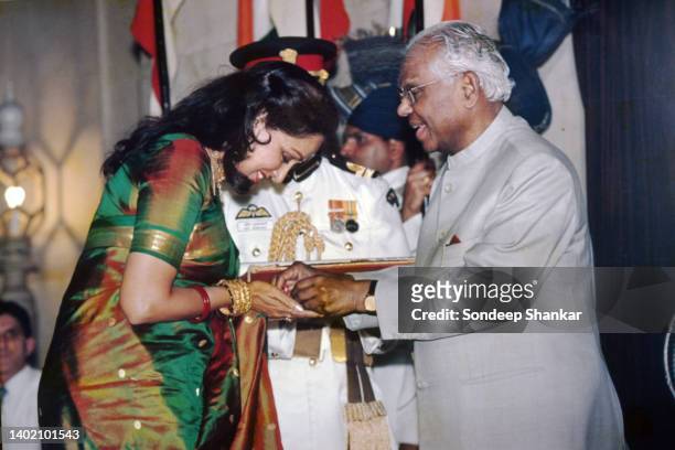 President K R Narayanan presenting Padma Shree award to leading Bharatnatyam dancer Hema Malini at Presidential Palace in New Delhi. The Padma Awards...