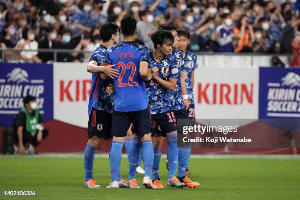 Kaoru Mitoma of Japan celebrates scoring his side's second goal with his teammates during the international friendly match between Japan and Ghana at...