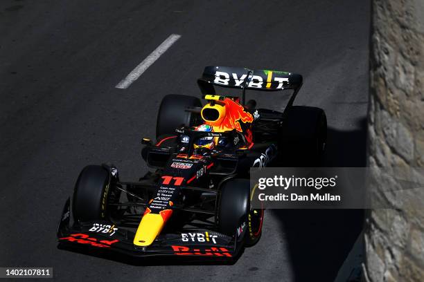 Sergio Perez of Mexico driving the Oracle Red Bull Racing RB18 on track during practice ahead of the F1 Grand Prix of Azerbaijan at Baku City Circuit...