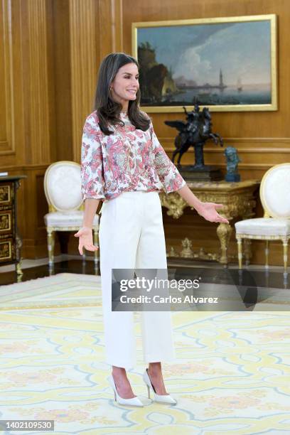 Queen Letizia of Spain attends several audiences at the Zarzuela Palace on June 10, 2022 in Madrid, Spain.