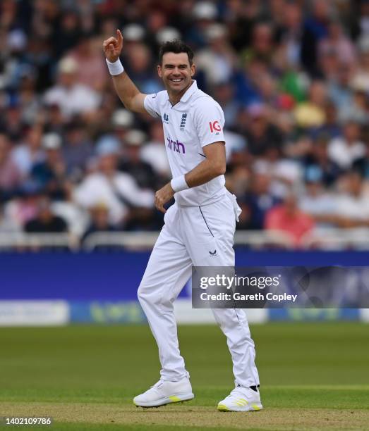 James Anderson of England celebrates dismissing New Zealand captain Tom Latham during day one of Second LV= Insurance Test Match between England and...