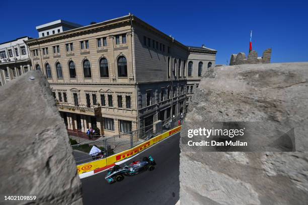 George Russell of Great Britain driving the Mercedes AMG Petronas F1 Team W13 on track during practice ahead of the F1 Grand Prix of Azerbaijan at...