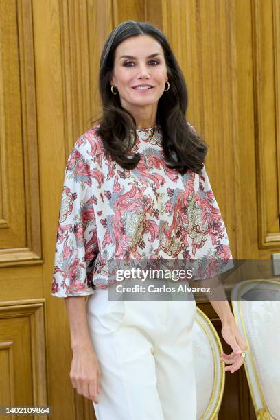 Queen Letizia of Spain attends several audiences at the Zarzuela Palace on June 10, 2022 in Madrid, Spain.