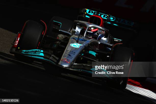 George Russell of Great Britain driving the Mercedes AMG Petronas F1 Team W13 on track during practice ahead of the F1 Grand Prix of Azerbaijan at...