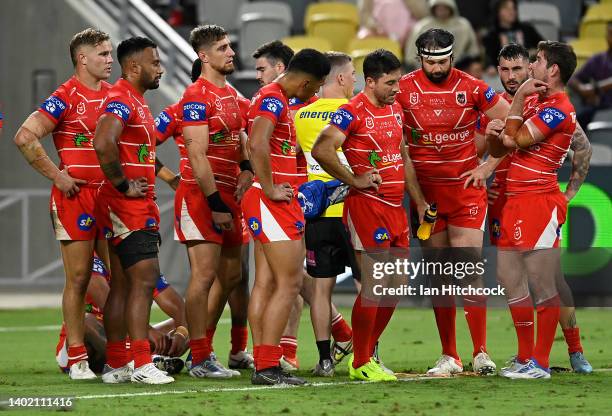 The Dragons look on after a Cowboys try during the round 14 NRL match between the North Queensland Cowboys and the St George Illawarra Dragons at Qld...