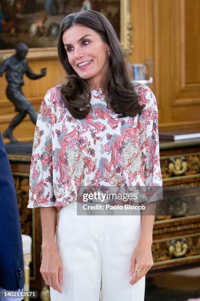 Queen Letizia of Spain attends several audiences at the Zarzuela Palace on June 10, 2022 in Madrid, Spain.