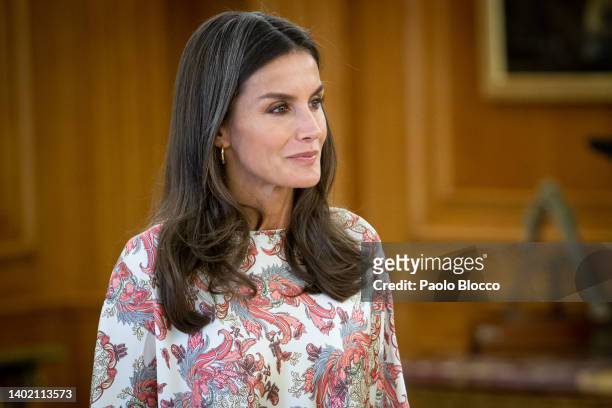 Queen Letizia of Spain attends several audiences at the Zarzuela Palace on June 10, 2022 in Madrid, Spain.