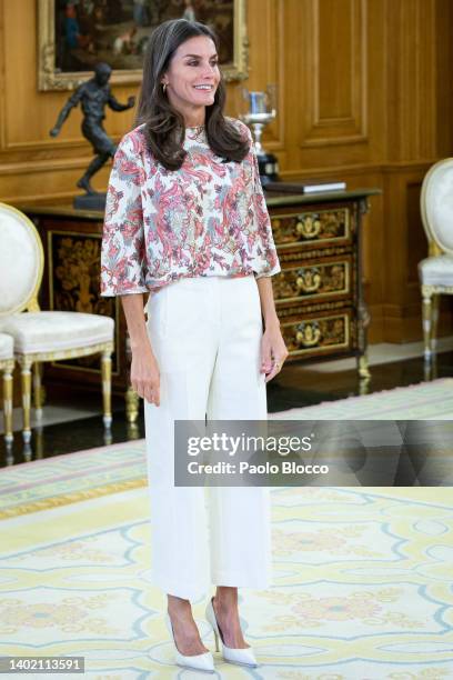 Queen Letizia of Spain attends several audiences at the Zarzuela Palace on June 10, 2022 in Madrid, Spain.