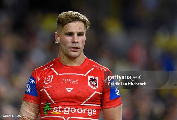 Jack De Belin of the Dragons looks on during the round 14 NRL match between the North Queensland Cowboys and the St George Illawarra Dragons at Qld...