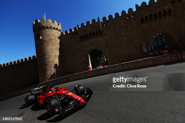 Charles Leclerc of Monaco driving the Ferrari F1-75 on track during practice ahead of the F1 Grand Prix of Azerbaijan at Baku City Circuit on June...