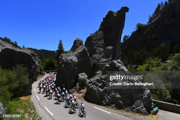 General view of Wout Van Aert of Belgium and Team Jumbo - Visma Yellow Leader Jersey, Hugo Page of France and Team Intermarché - Wanty - Gobert...