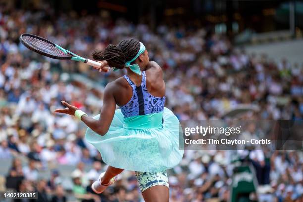 Coco Gauff of the United States in action against Iga Swiatek of Poland during the Singles Final for Women on Court Philippe Chatrier at the 2022...