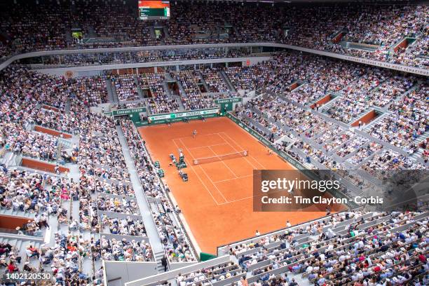 General view of Coco Gauff of the United States in action against Iga Swiatek of Poland during the Singles Final for Women on Court Philippe Chatrier...