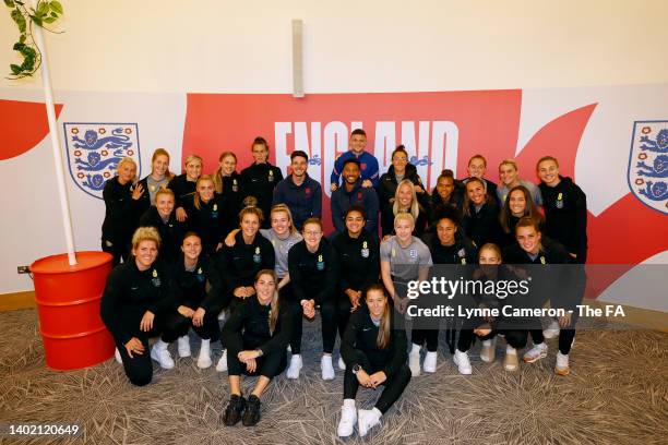 England Women pose for a photograph with Declan Rice and Kieran Trippier of England and Josh Denzel during the England Women Training Camp at St...