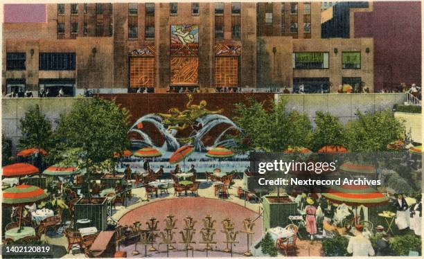Vintage illustrated historic souvenir postcard published circa 1941 depicting the Art Deco midtown skyscrapers of Rockefeller Center, a historic...