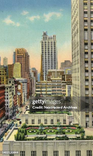 Vintage illustrated historic souvenir postcard published circa 1941 depicting the Art Deco midtown skyscrapers of Rockefeller Center, here the...
