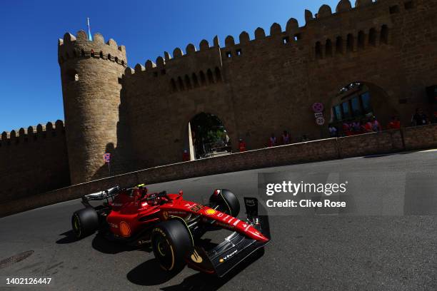 Carlos Sainz of Spain driving the Ferrari F1-75 on track during practice ahead of the F1 Grand Prix of Azerbaijan at Baku City Circuit on June 10,...