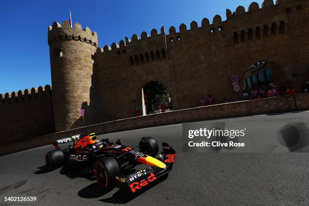 Sergio Perez of Mexico driving the Oracle Red Bull Racing RB18 on track during practice ahead of the F1 Grand Prix of Azerbaijan at Baku City Circuit...