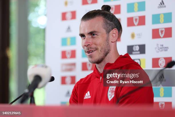 Gareth Bale of Wales speaks to the media during a press conference at The Vale Resort on June 10, 2022 in Vale of Glamorgan, Wales. Wales will play...