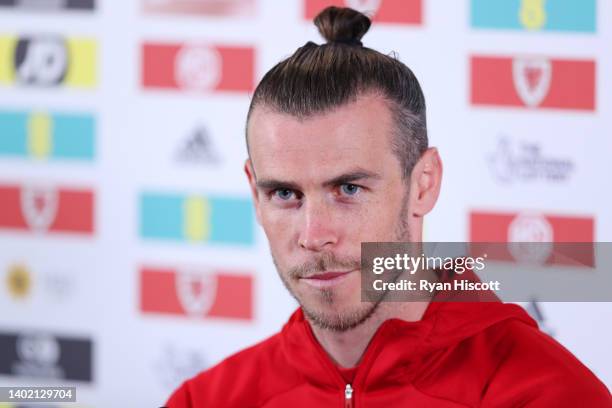 Gareth Bale of Wales looks on during a press conference at The Vale Resort on June 10, 2022 in Vale of Glamorgan, Wales. Wales will play Belgium in a...