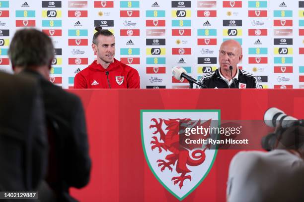 General view as Gareth Bale of Wales looks on during a press conference at The Vale Resort on June 10, 2022 in Vale of Glamorgan, Wales. Wales will...