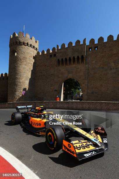 Daniel Ricciardo of Australia driving the McLaren MCL36 Mercedes on track during practice ahead of the F1 Grand Prix of Azerbaijan at Baku City...