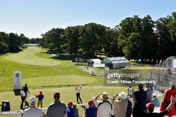 Jeffrey Kang of the United States plays his shot from the first tee during the second round of the RBC Canadian Open at St. George's Golf and Country...