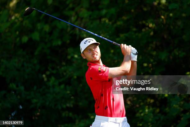 Adam Svensson of Canada plays his shot from the 14th tee during the second round of the RBC Canadian Open at St. George's Golf and Country Club on...