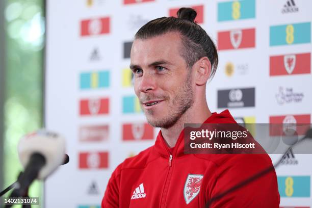 Gareth Bale of Wales speaks to the media during a press conference at The Vale Resort on June 10, 2022 in Vale of Glamorgan, Wales. Wales will play...