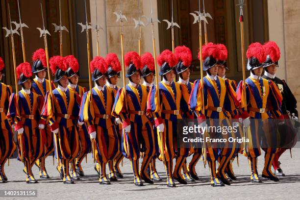 Swiss guards arrive at the Apostolic Palace to attend the Pope Francis' audience to the European Commission President Ursula von der Leyen on June...