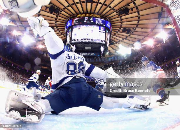 Andrei Vasilevskiy of the Tampa Bay Lightning makes the save on Filip Chytil of the New York Rangers in Game Five of the Eastern Conference Final of...