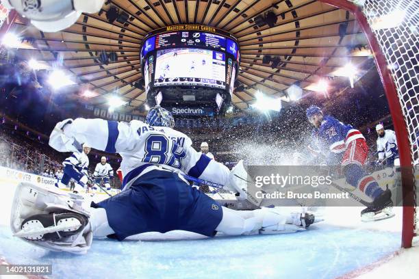 Andrei Vasilevskiy of the Tampa Bay Lightning makes the save on Filip Chytil of the New York Rangers in Game Five of the Eastern Conference Final of...