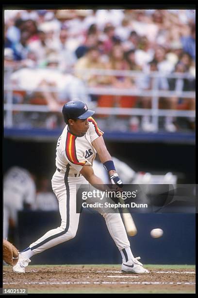 Inifielder Andujar Cedeno of the Houston Astros swings at the ball during a game against the San Diego Padres at Jack Murphy Stadium in San Diego,...