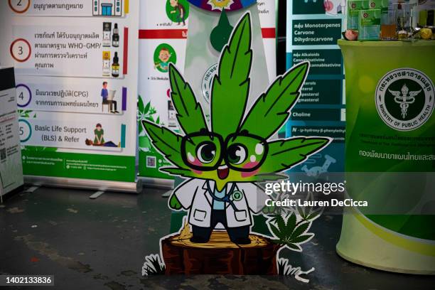 Mascot for medical marijuana is seen on June 10, 2022 in Buriram, Thailand. Today the Thai government gave out 1,000 cannabis plants to people in...