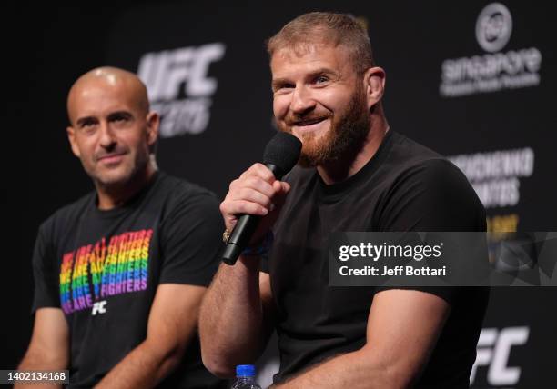 Jan Blachowicz interacts with fans during a Q&A session after the UFC 275 weigh-in at Singapore Indoor Stadium on June 10, 2022 in Singapore.