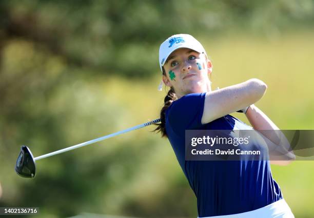 Lauren Walsh of Ireland and The Great Britain and Ireland Team plays her tee shot on the fifth hole in her match with Caley McGinty of England...
