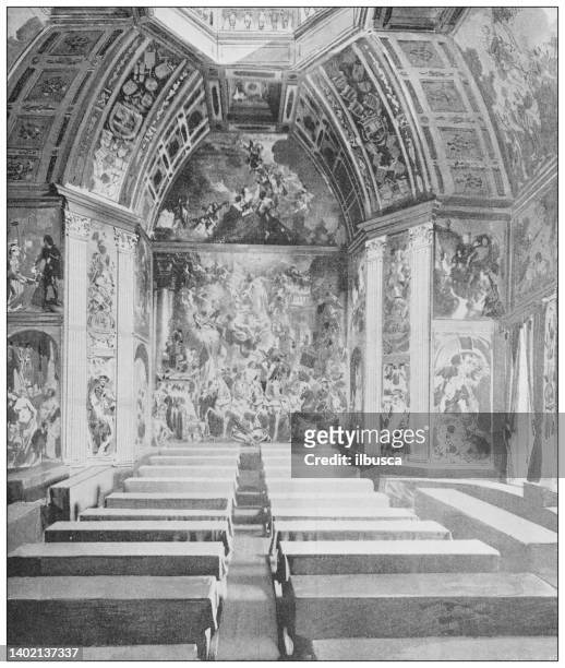 antique photo: peace conference, palais du bois (huis ten bosch), the hague, orange hall - huis interieur stock illustrations