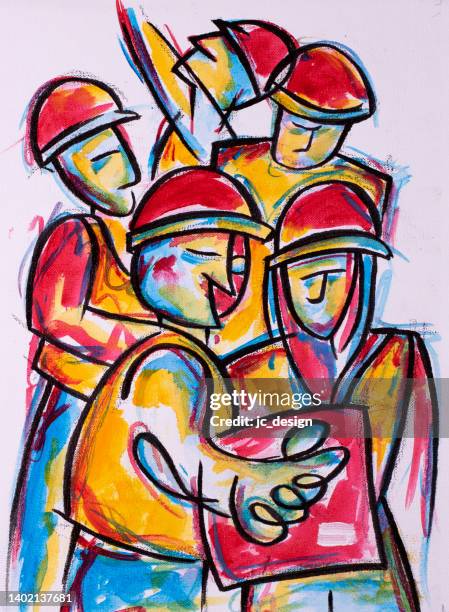 abstract painting of warehouse workers - cardboard box background stock illustrations