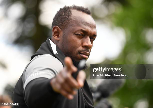 Usain Bolt of World XI FC arrives during a Soccer Aid for Unicef 2022 Training Session at Champneys Tring on June 10, 2022 in Tring, England.