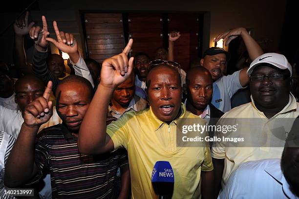 Controversial youth leader Julius Malema addresses his supporters at his grandmother's house after being expelled from the ANC on February 29, 2012...