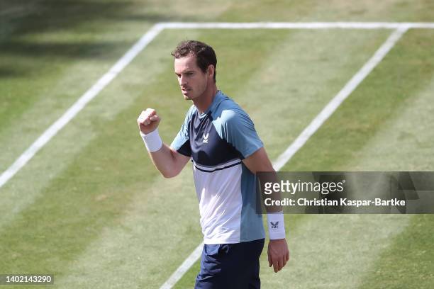 Andy Murray of Great Britain celebrates victory after the quarterfinal match between Stefanos Tsitsipas of Greece and Andy Murray of Great Britain...