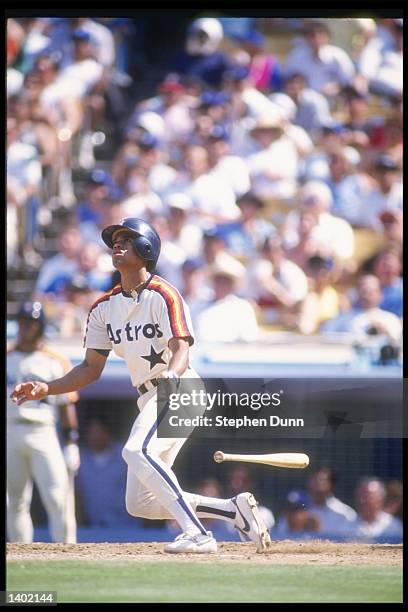 Infielder Andujar Cedeno of the Houston Astros swings at the ball during a game against the Los Angeles Dodgers at Dodger Stadium in Los Angeles,...