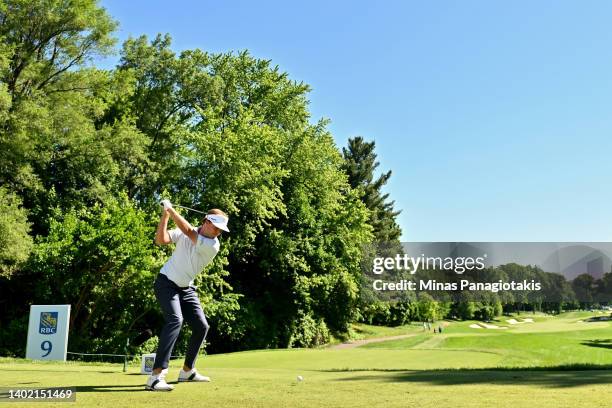 Keith Mitchell of the United States plays his shot from the ninth tee during the second round of the RBC Canadian Open at St. George's Golf and...