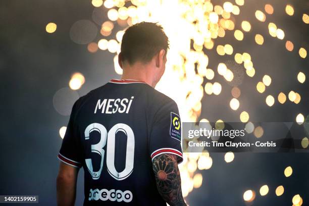 May 21: Lionel Messi of Paris Saint-Germain during the Ligue 1 winners trophy presentation after the Paris Saint-Germain Vs Metz, French Ligue 1...