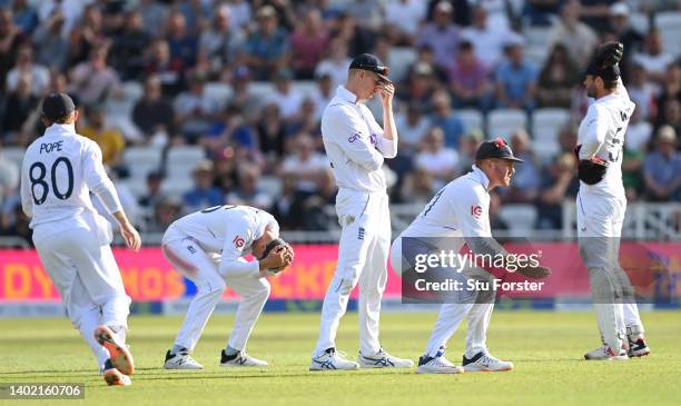 England slips Joe Root Zak Crawley and Jonny Bairstow react as a chance off Stuart Broad goes through the slips during day one of the Second Test...