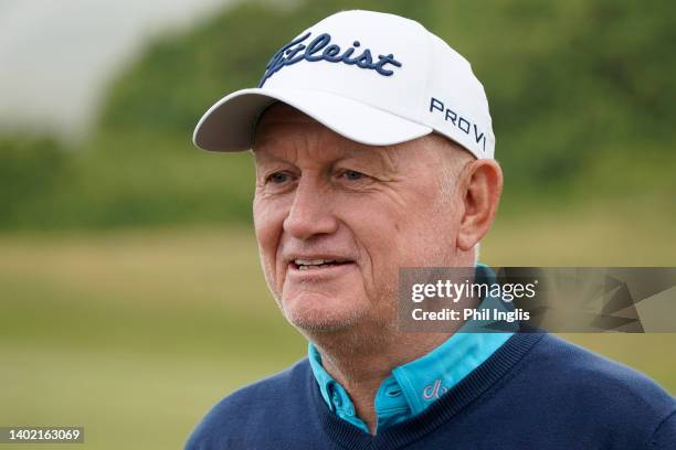 Roger Chapman of England in media interview during Day One of the Jersey Legends at La Moye Golf Club on June 10, 2022 in St Helier, Jersey.