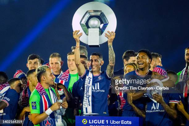 May 21: Ángel Di Maria of Paris Saint-Germain and team mates celebrate with the trophy during the Ligue 1 winners trophy presentation after the Paris...
