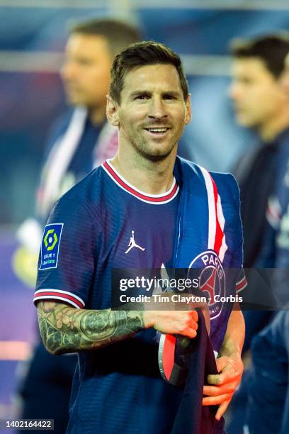 May 21: Lionel Messi of Paris Saint-Germain during the Ligue 1 winners trophy presentation after the Paris Saint-Germain Vs Metz, French Ligue 1...
